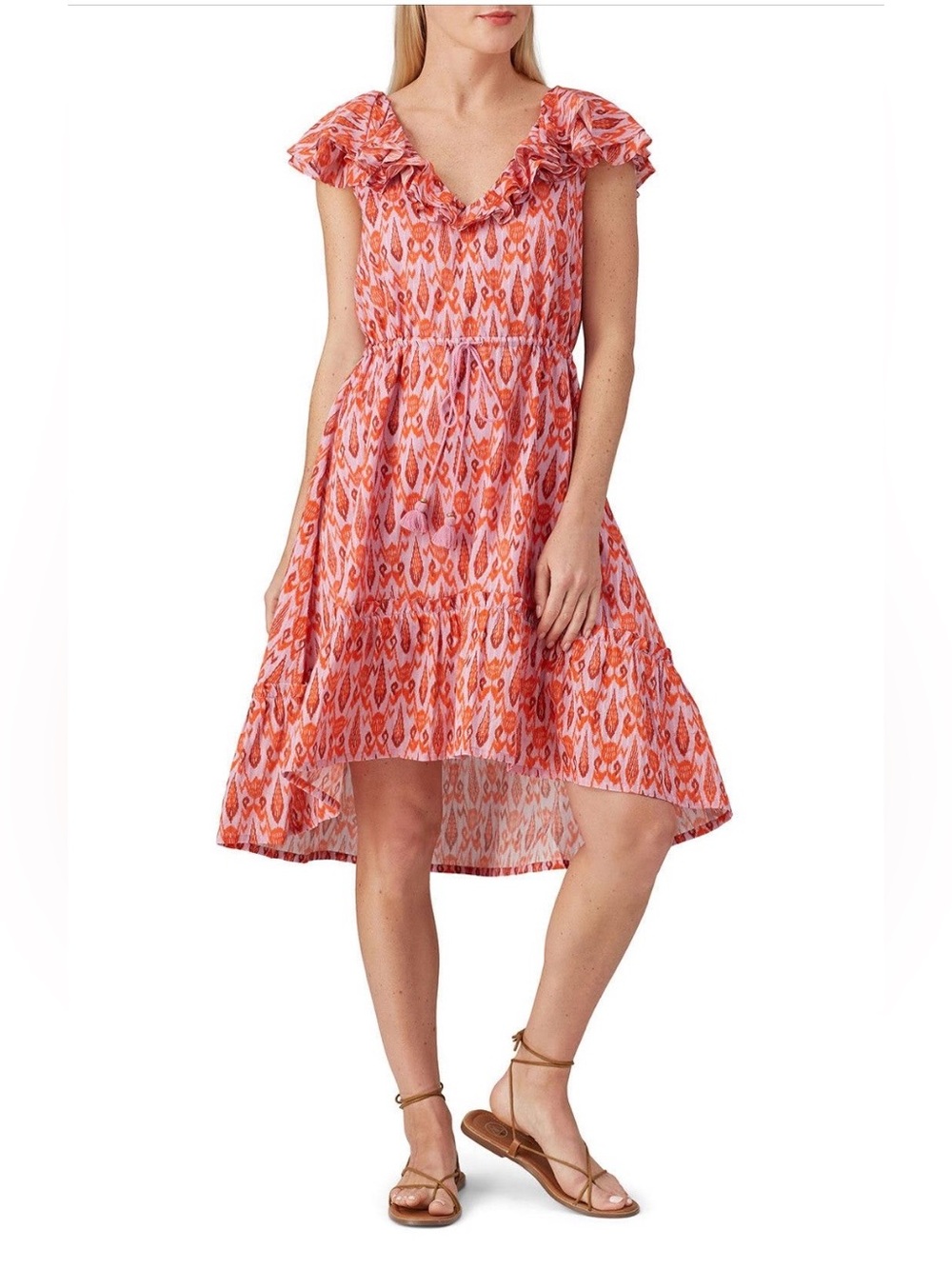 Figue~Pink Tahlia Ikat-Print High-Low Ruffle Dress~Size Small~$595~